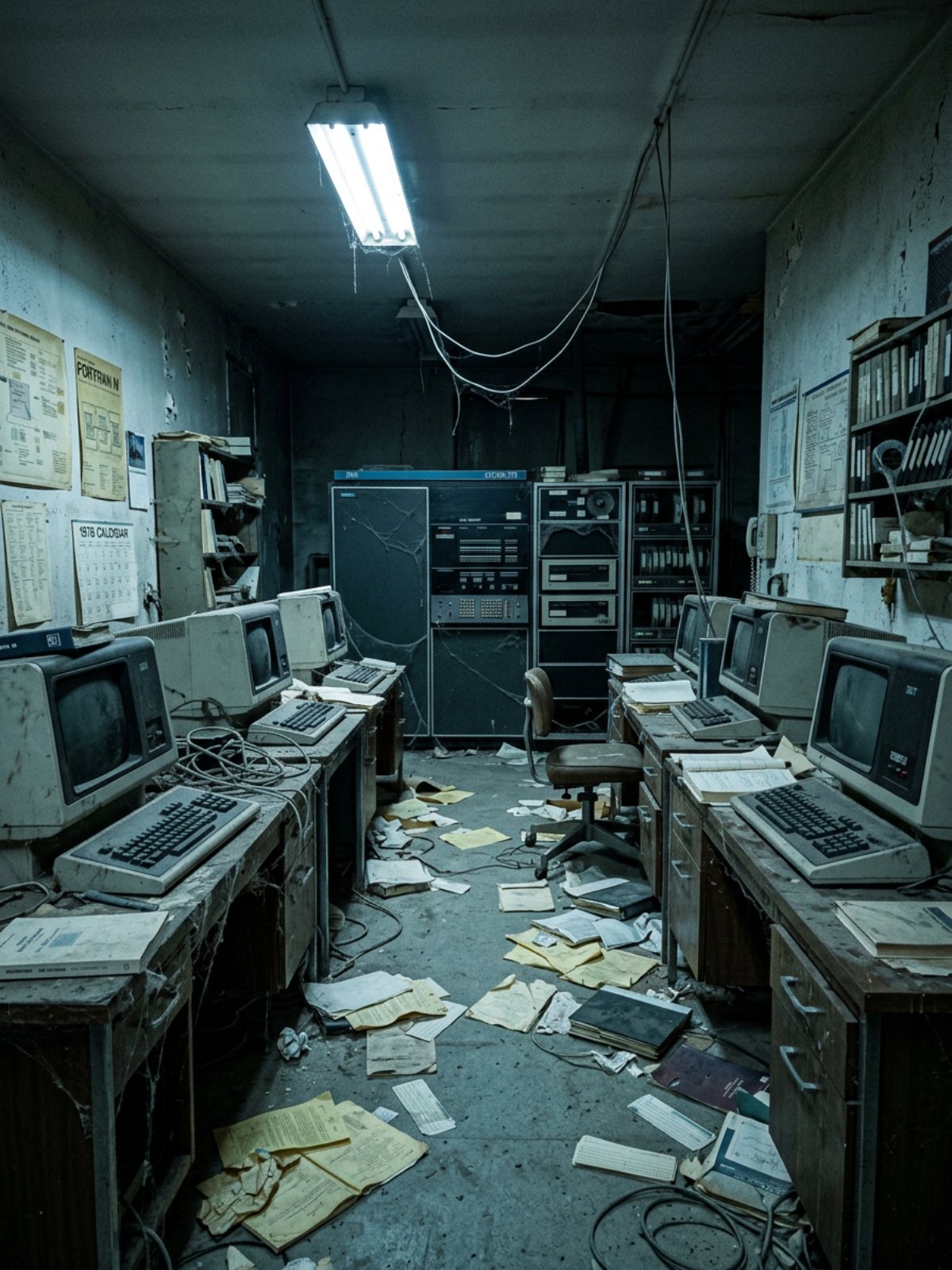 Un investigador en un laboratorio de los años 70 trabajando en máquinas de IA, con documentos y cintas perforadas.