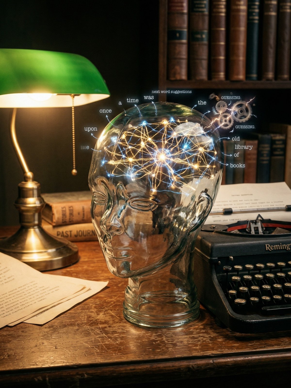 Ilustración: autocomplete neuronal — predicción masiva de próximas palabras