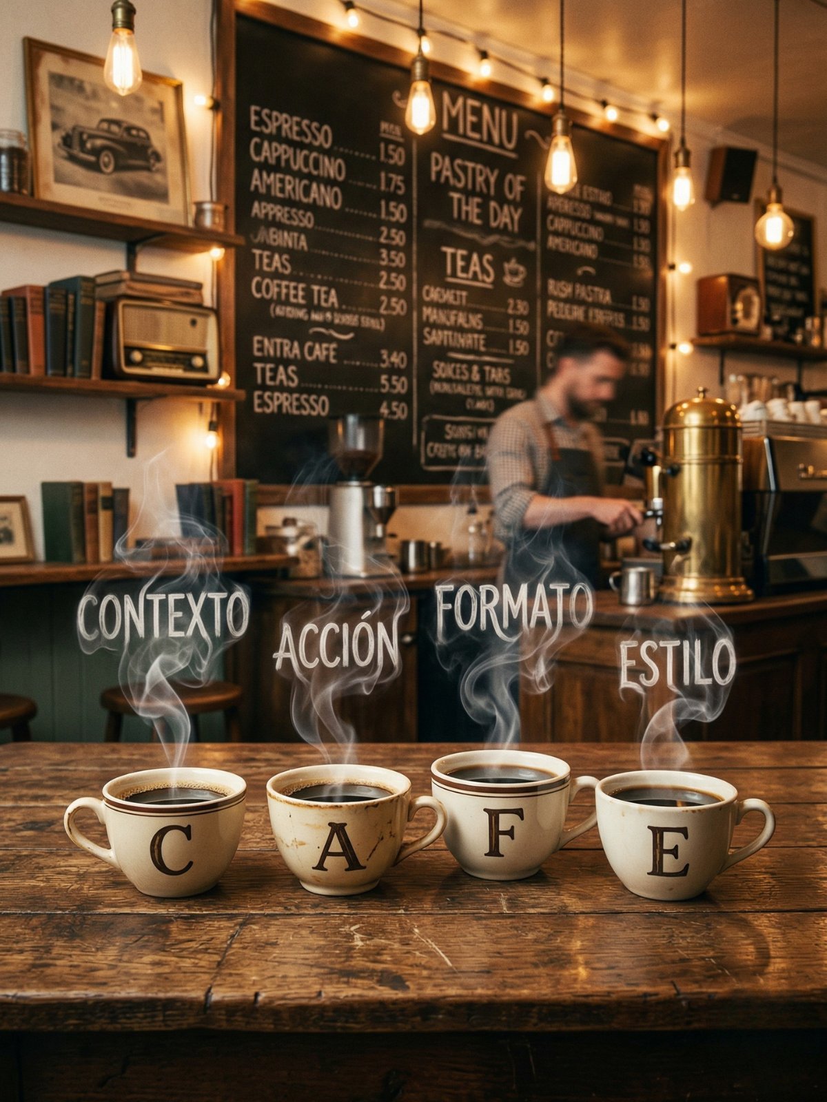 Taza de café con las letras C.A.F.E. desglosadas en sus cuatro componentes