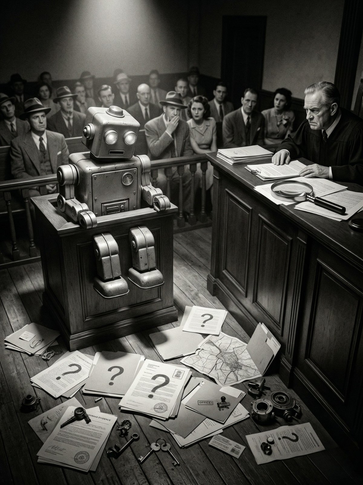 Ilustración editorial: una IA generando contenido, con elementos de verificación apareciendo (checkmarks, lentes, búsqueda). Tono: empoderador, no aterrador. Colores seguros.