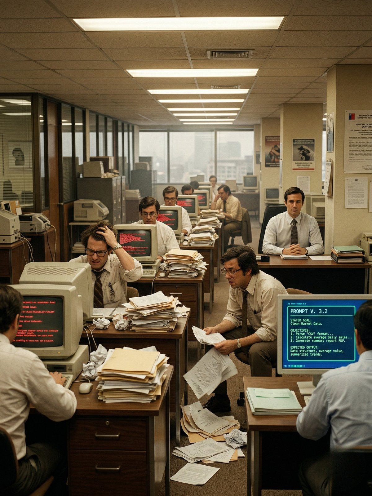 Gráfico ascendente de adopción de IA superpuesto con un prompt mal escrito tachado en rojo y uno bien estructurado resaltado en verde